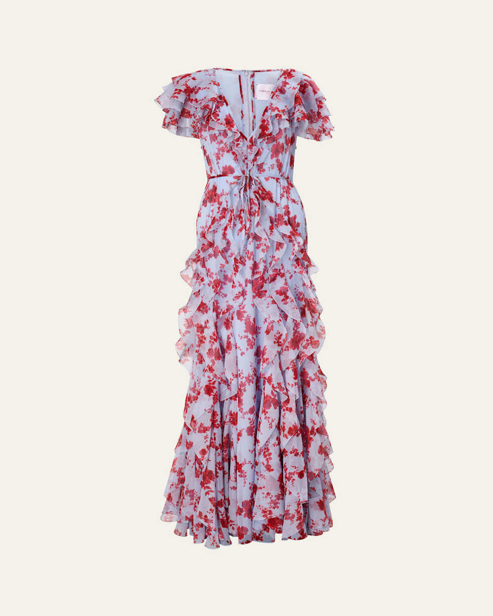 Plunging Ruffle Short-Sleeve Silk Gown
